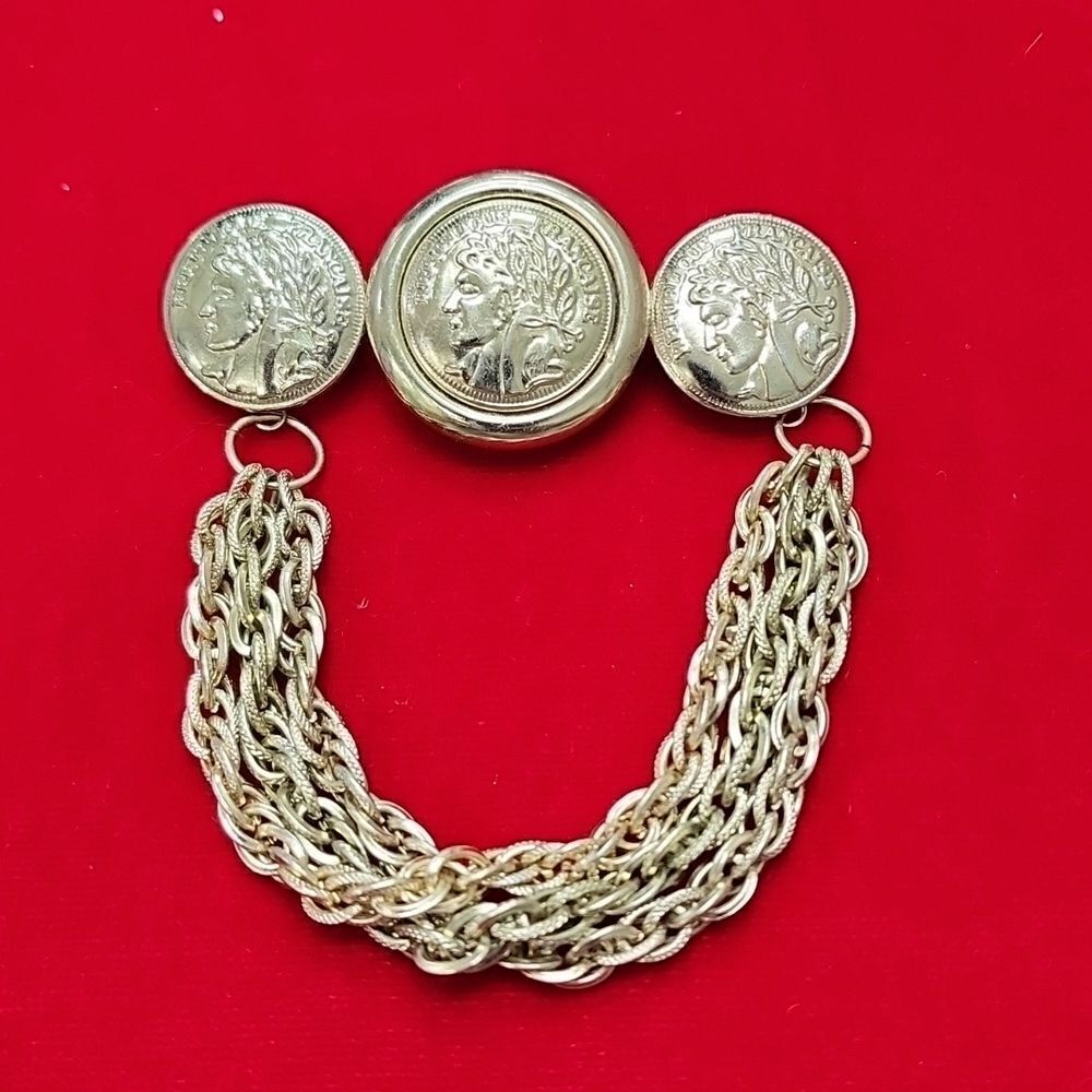 Vintage Roman Coin Drape Chain Gold Tone Brooch Pin